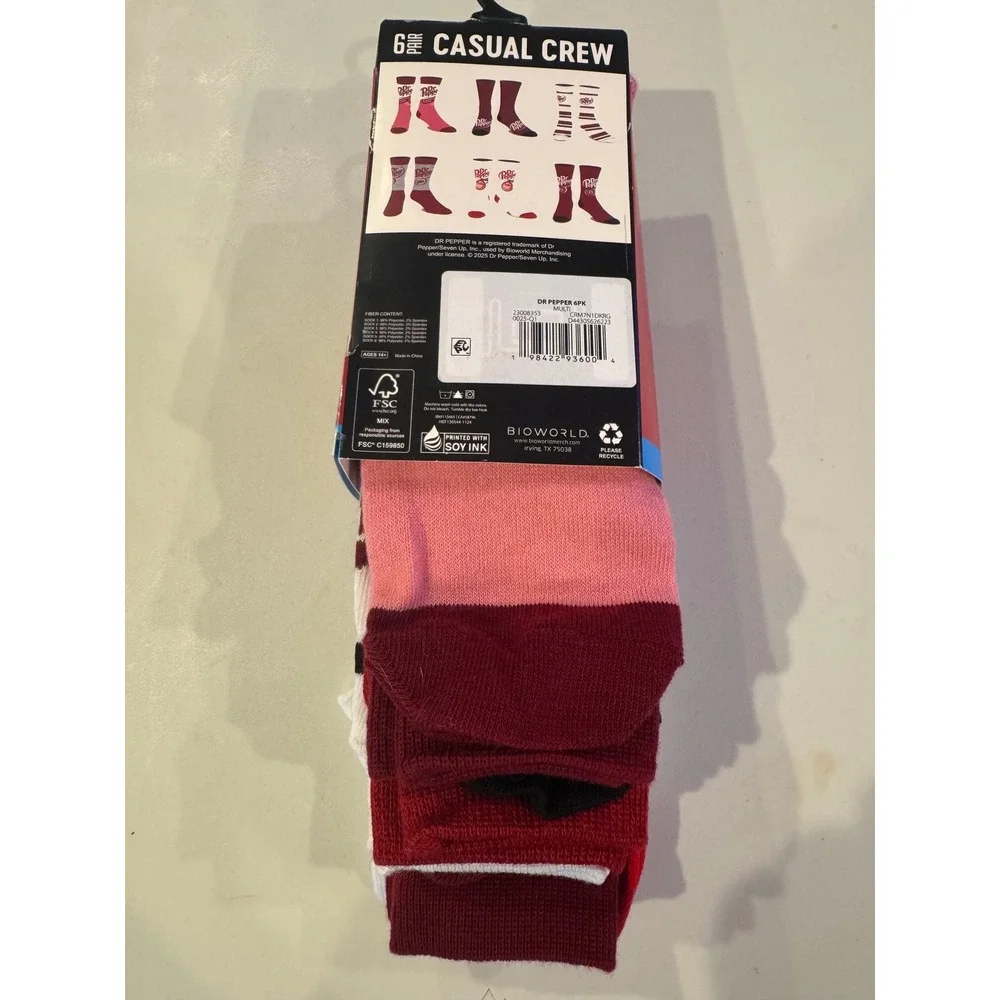 Dr Pepper 6 Pair Casual Crew Socks Shoe Size 8-12  Red White Pink New with Tag